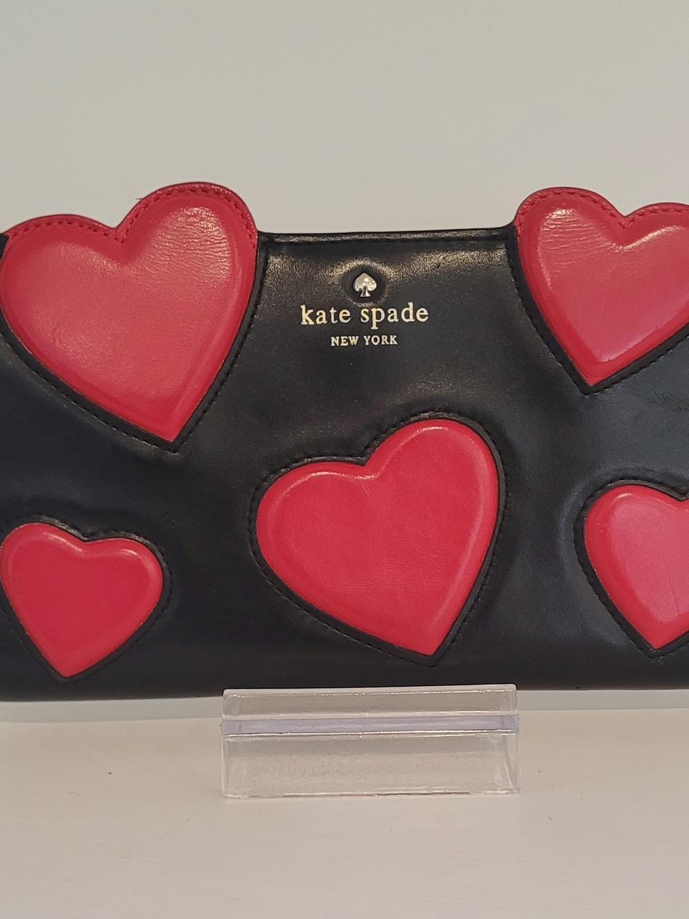 kate spade Black Leather Wallet with Red Heart Accents
